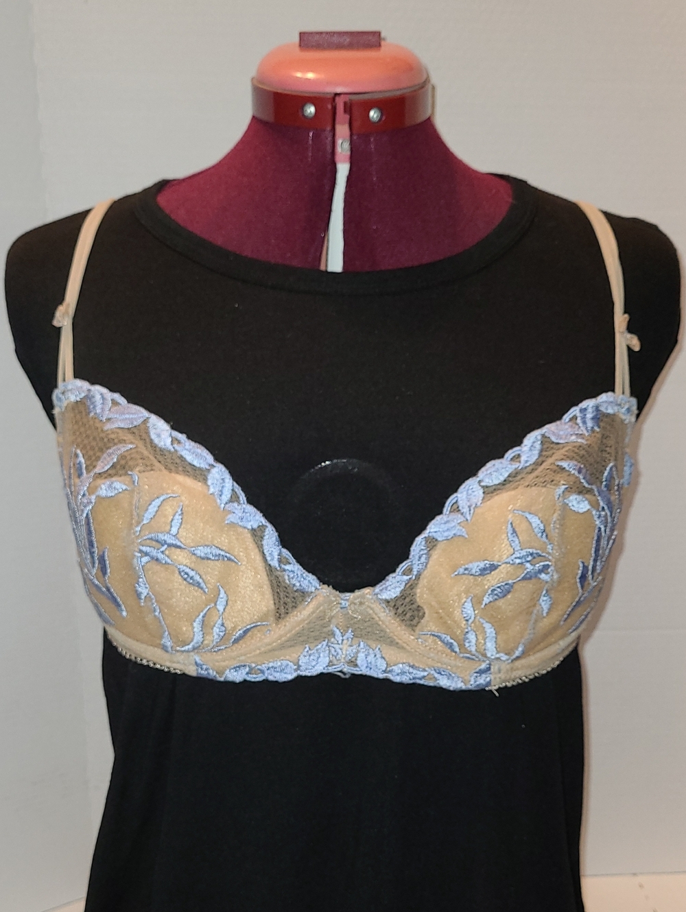 VANITY FAIR Beige Lace-Trim Underwire Bra with Blue Embroidery 34C